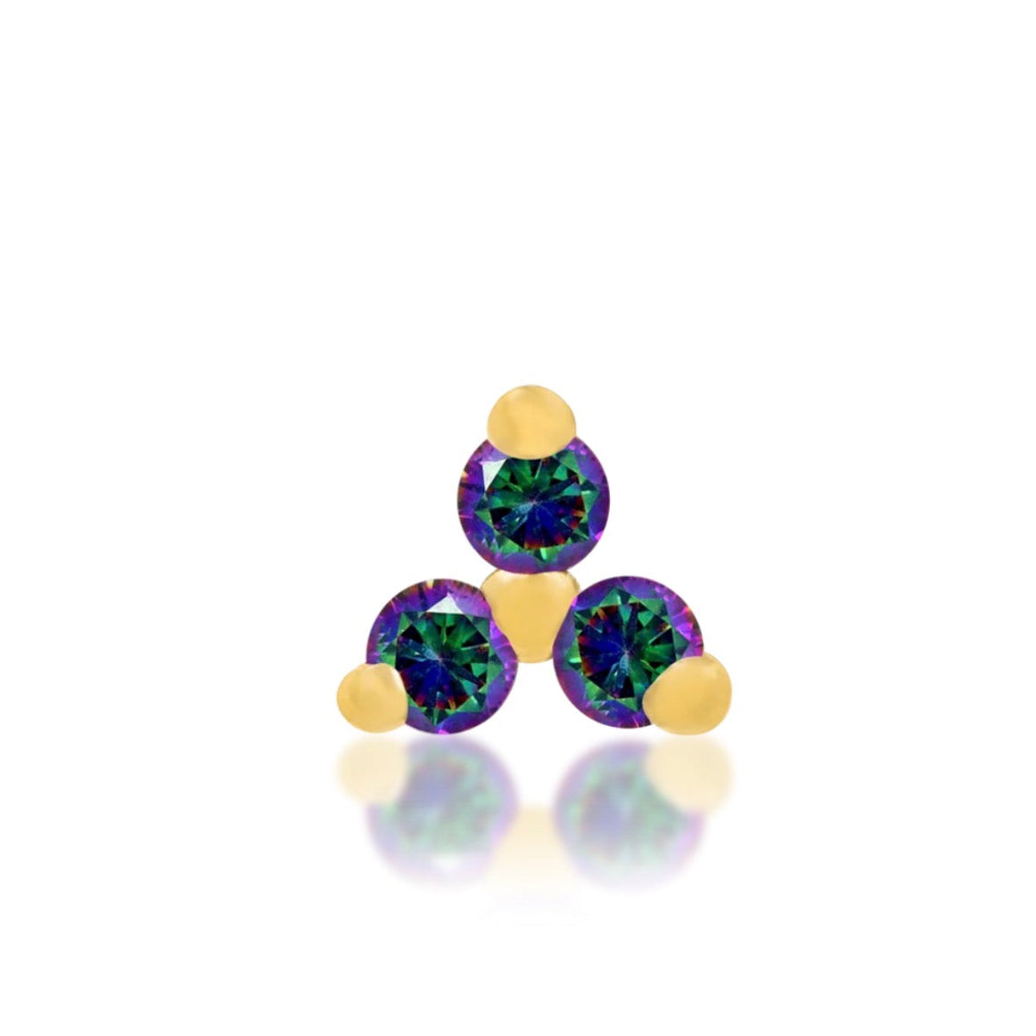Solid 14k gold trinity helix stud set with three mystic topaz cubic zirconia stones.