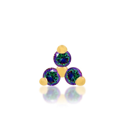 Solid 14k gold trinity helix stud set with three mystic topaz cubic zirconia stones.