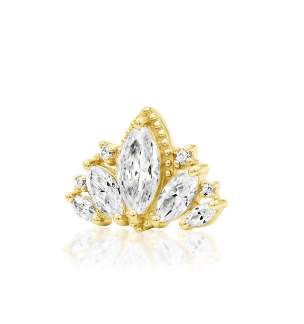 Junipurr Queen Naveen yellow gold threadless end white CZ, elegant moody piercing jewelry