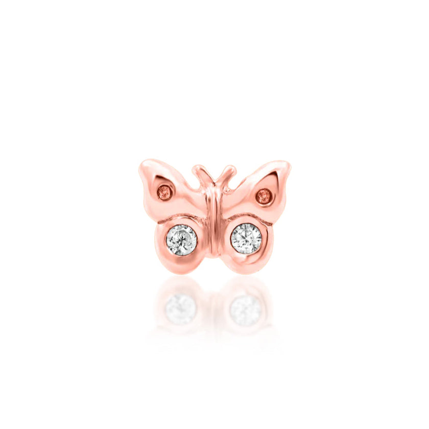 Solid rose gold butterfly helix stud with sparkling cubic zirconia.