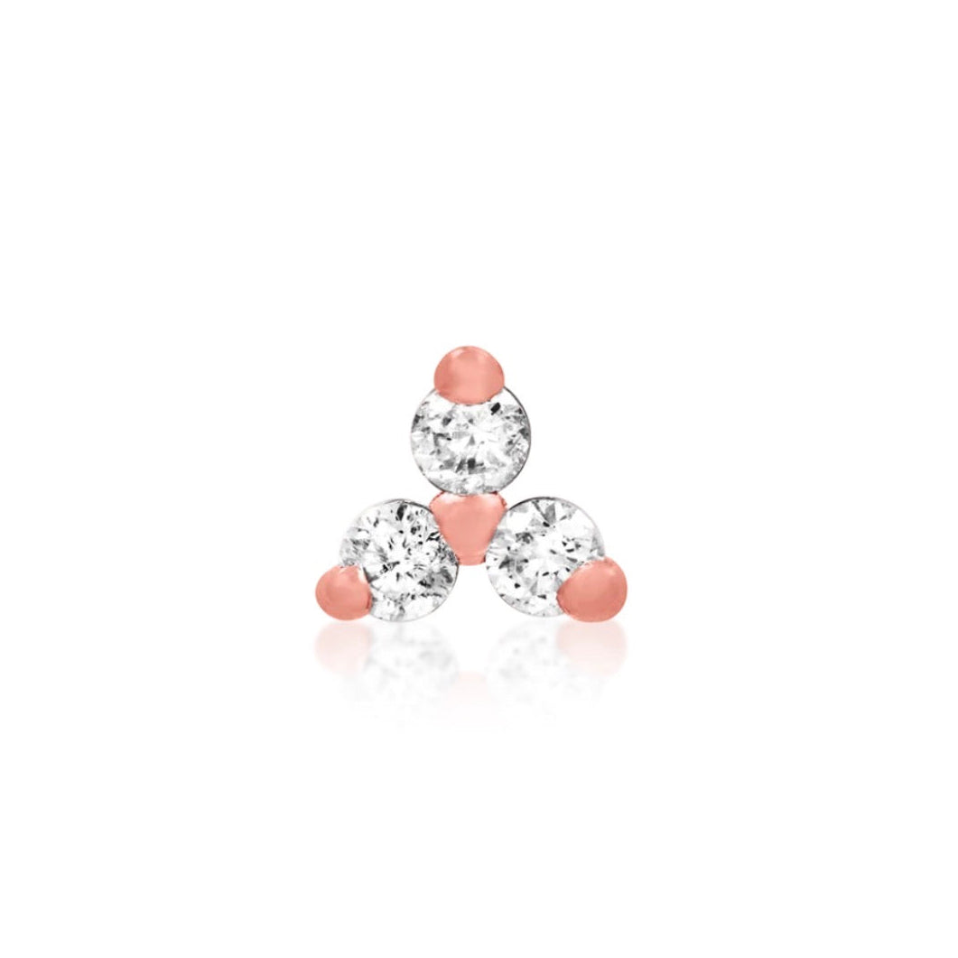 Rose gold three-stone cubic zirconia earring for helix and upper ear piercings.