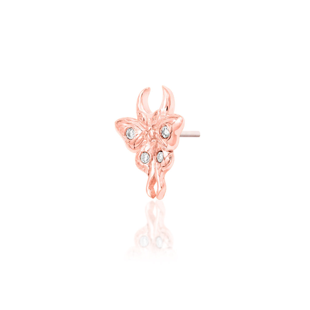 Solid rose gold luna moth flat back earring for cartilage piercings.