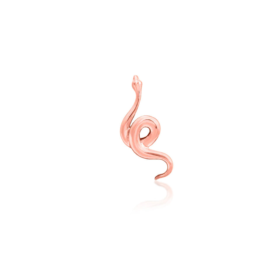 Long rose gold ear stud adding directional shape and shine to a flat piercing.
