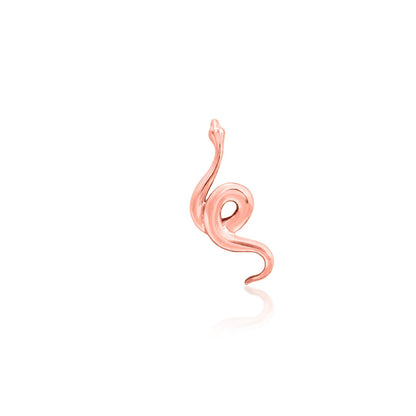 Long rose gold ear stud adding directional shape and shine to a flat piercing.
