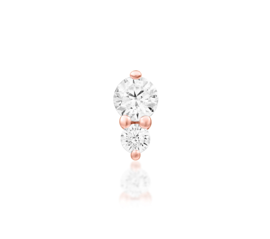 Solid 14k rose gold ear stud with a modern double cubic zirconia design.