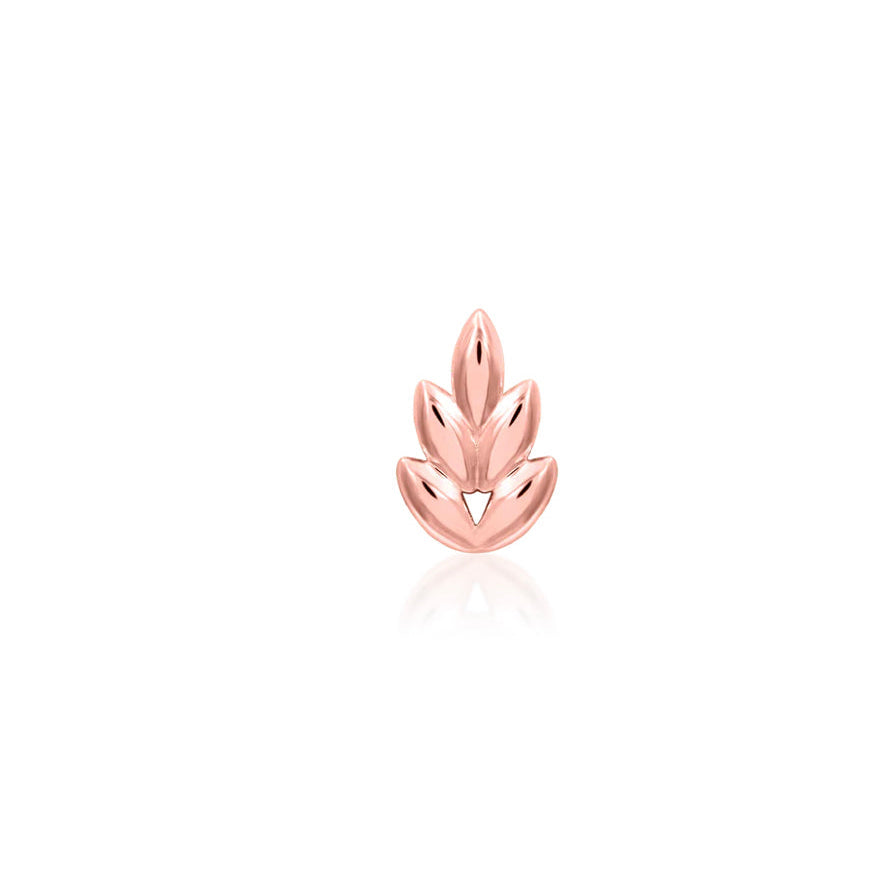 Petite 14k rose gold botanical stud with a softly elongated silhouette for cartilage piercings.