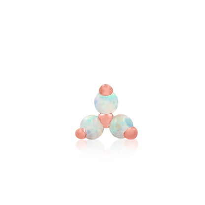 Rose gold three-opal stud designed for helix and upper ear piercings.