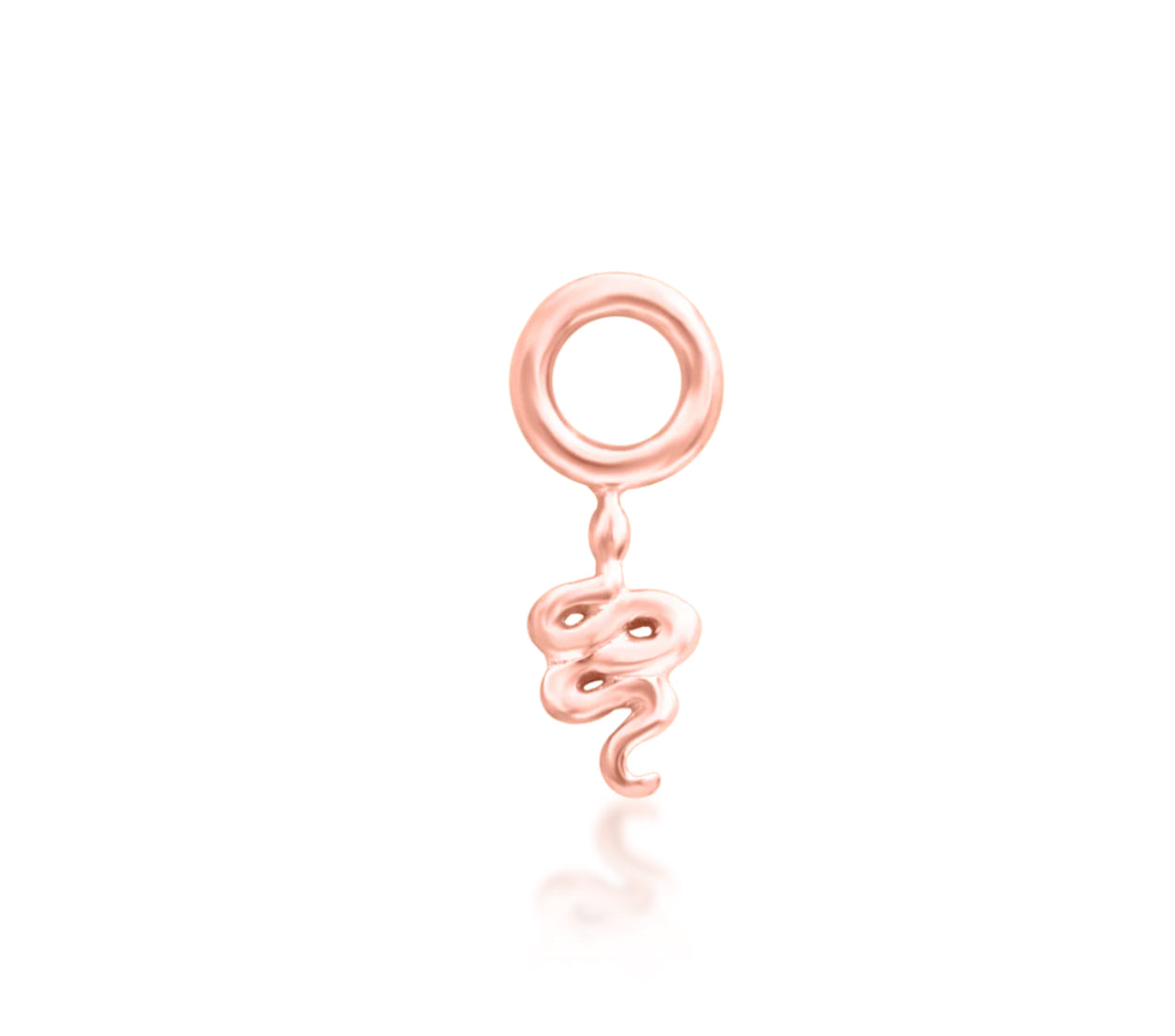 Solid 14k rose gold snake charm with a dangling ring for helix piercing jewellery.