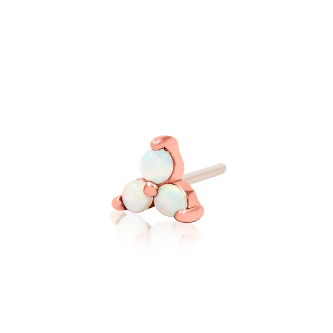 Solid 14k rose gold stud with three claw-set synthetic opals.