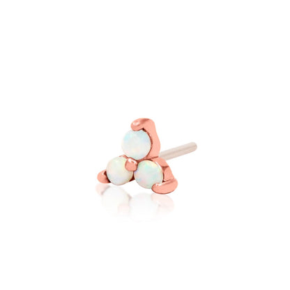 Solid 14k rose gold stud with three claw-set synthetic opals.