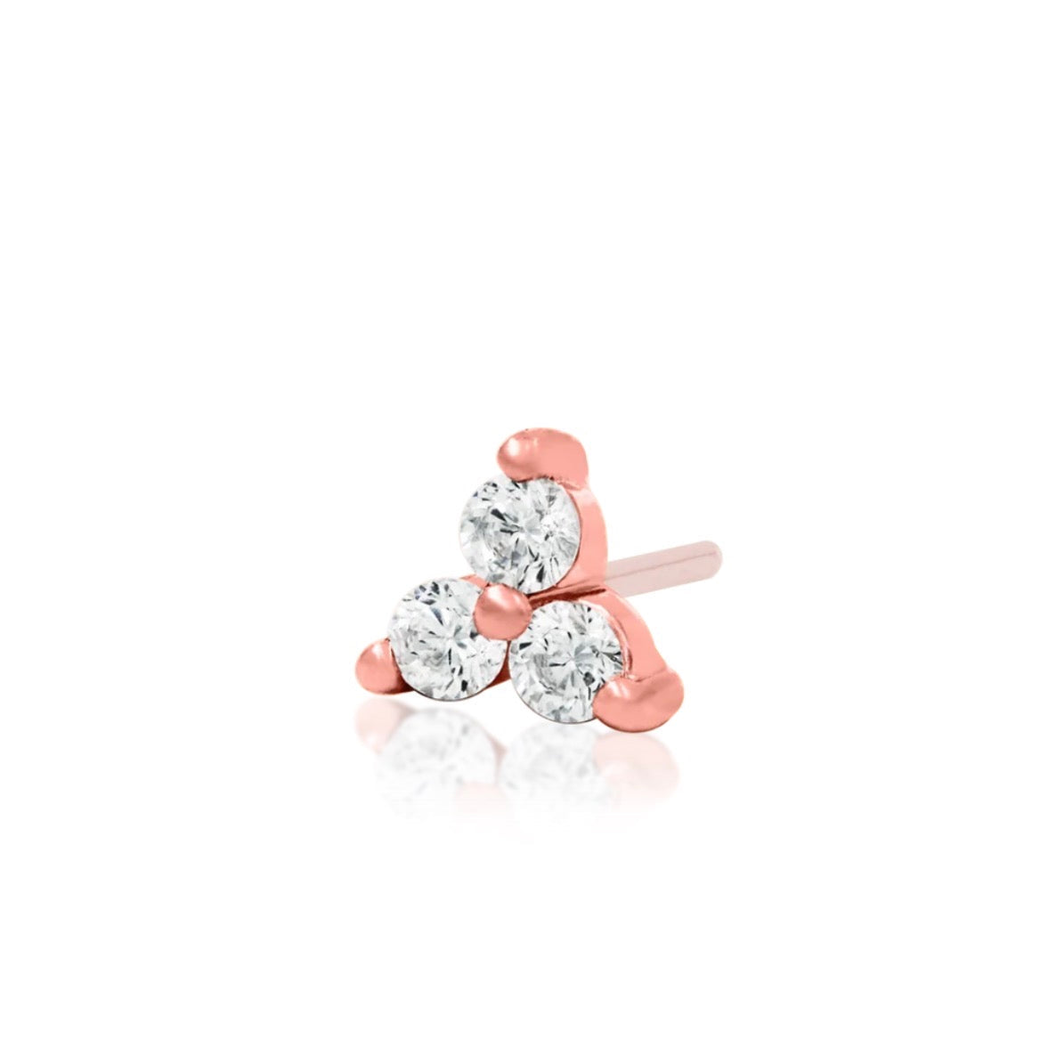 Solid 14k rose gold stud featuring three claw-set cubic zirconia stones.