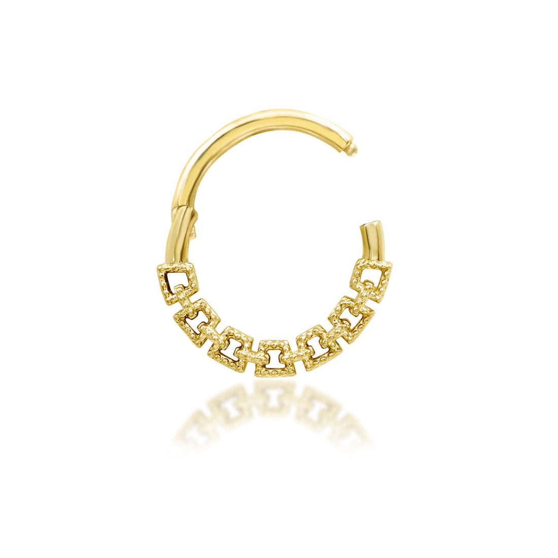 Gold daith ring in 14k yellow gold with Junipurr Sasha’s repeating open-link pattern.
