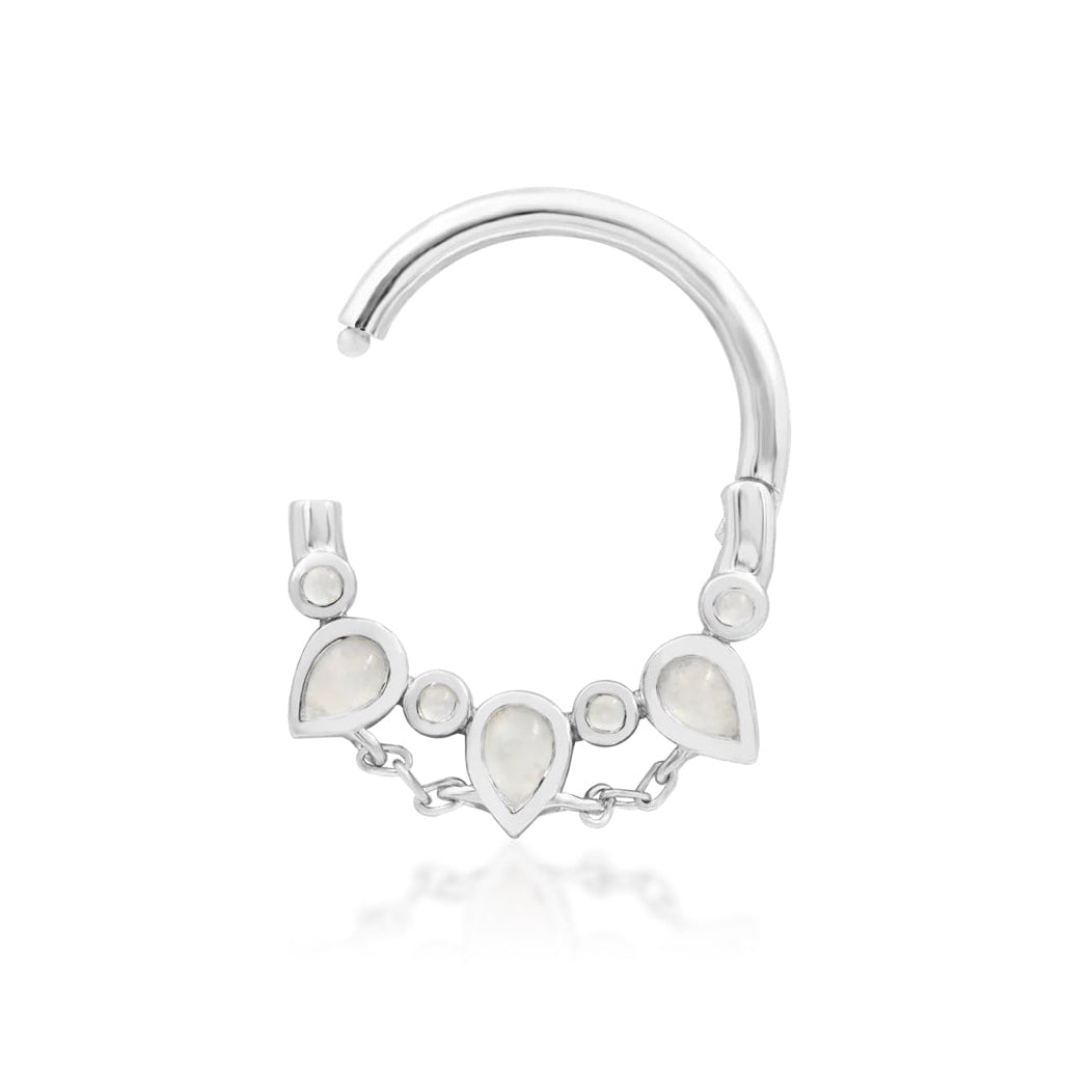 Solid gold  moonstone piercing jewellery in white gold featuring Junipurr Catalina.