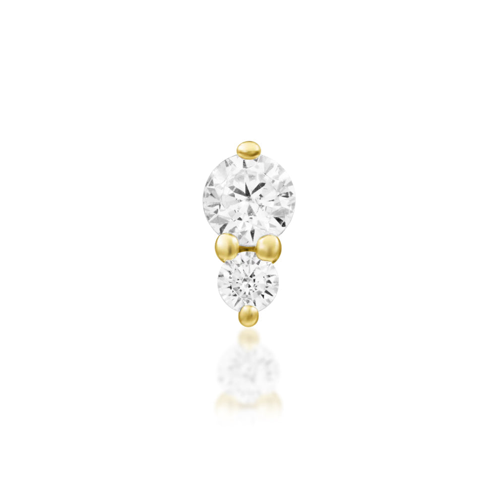 Elegant solid gold stud with two sparkling cubic zirconia stones for a helix piercing.