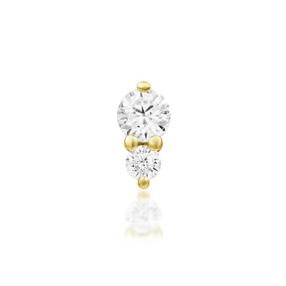 Elegant solid gold stud with two sparkling cubic zirconia stones for a helix piercing.