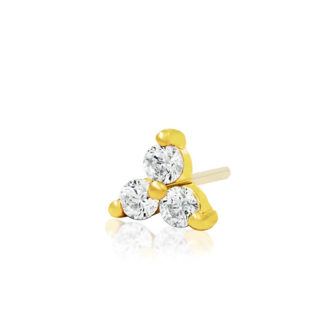 Yellow gold cartilage earring featuring a cluster of three round cubic zirconia stones.
