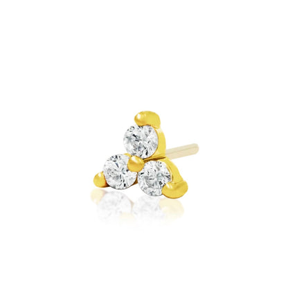 Yellow gold cartilage earring featuring a cluster of three round cubic zirconia stones.