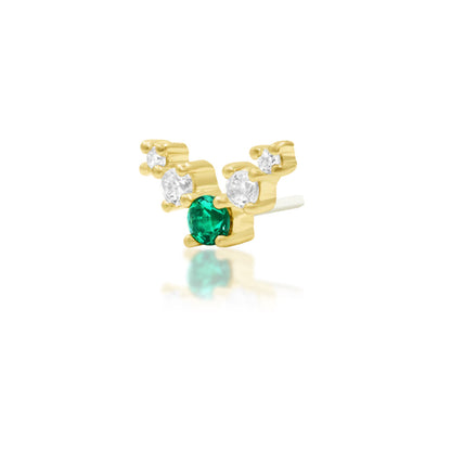 angled view of junipurr jewellery vixyn emerald cz threadless end showing elongated design for conch or helix piercing