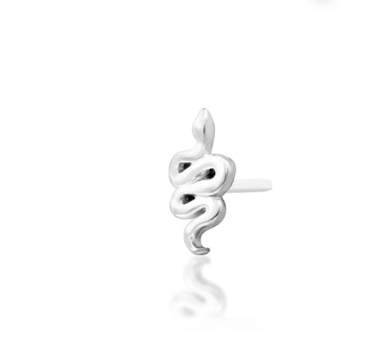 Solid 14k white gold snake stud creating a sculptural focal point in a conch piercing.