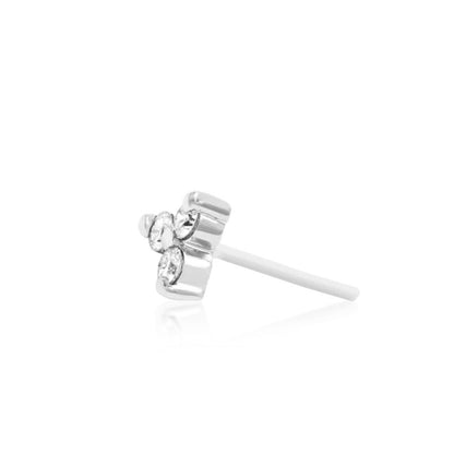 Solid white gold decorative end with a classic three-stone cubic zirconia cluster.