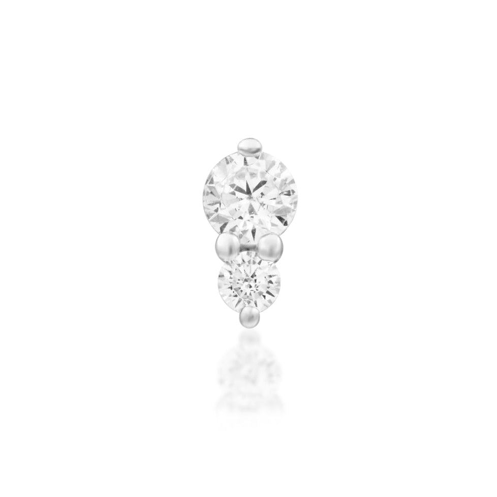 Solid 14k white gold double stone earring for cartilage and helix piercings.
