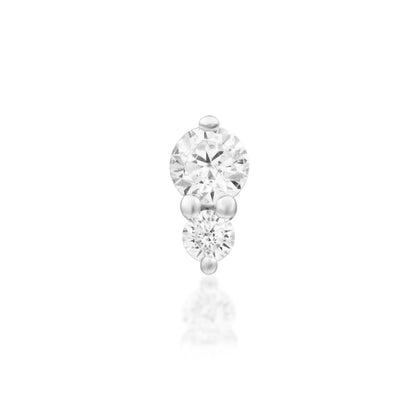 Solid 14k white gold double stone earring for cartilage and helix piercings.
