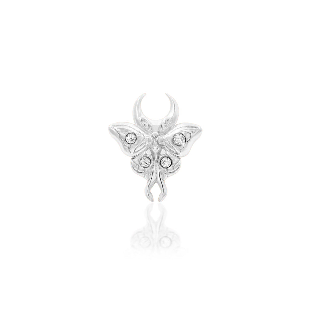 Solid white gold luna moth helix jewellery with sparkling cubic zirconia.