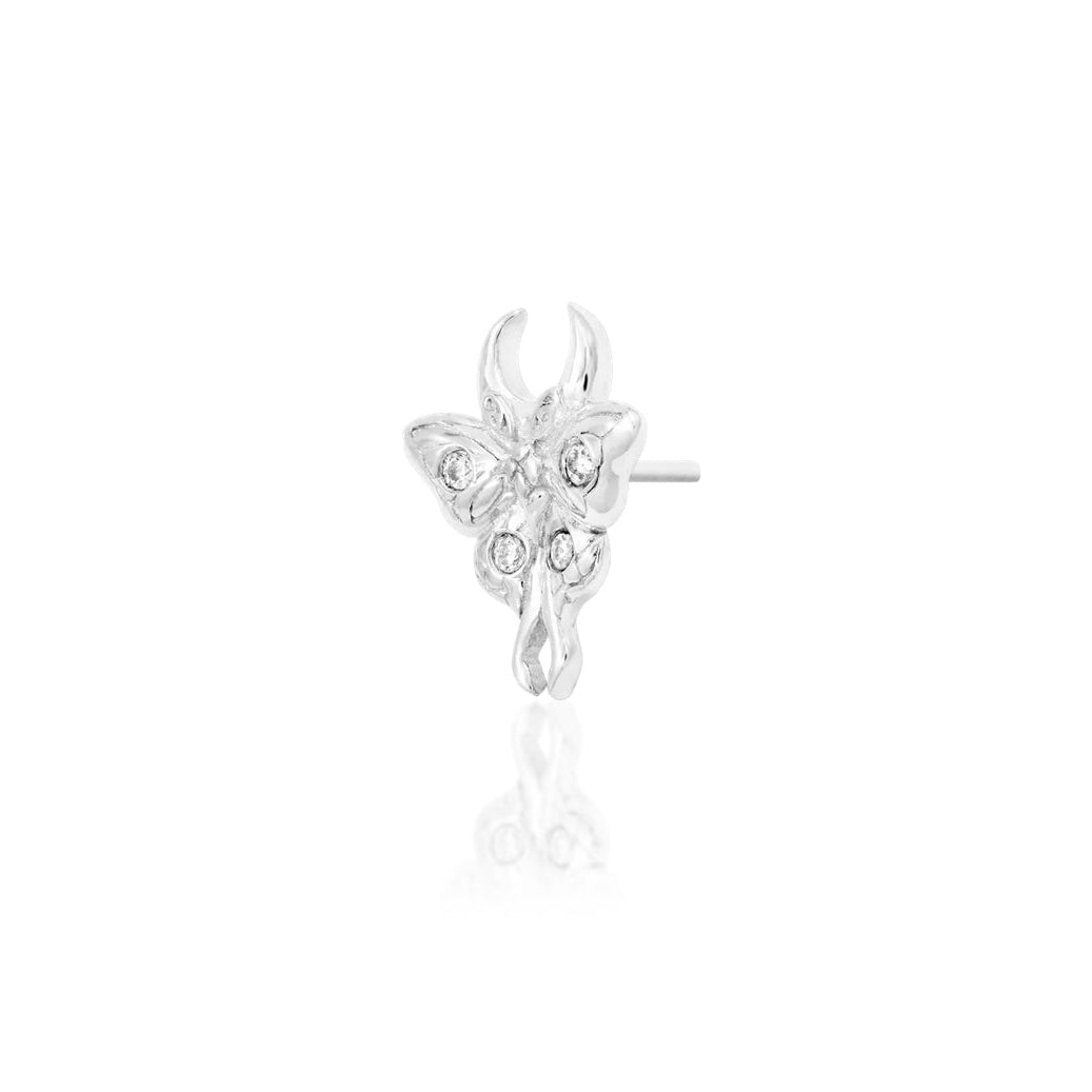 White gold moth cartilage stud for helix and flat piercings.