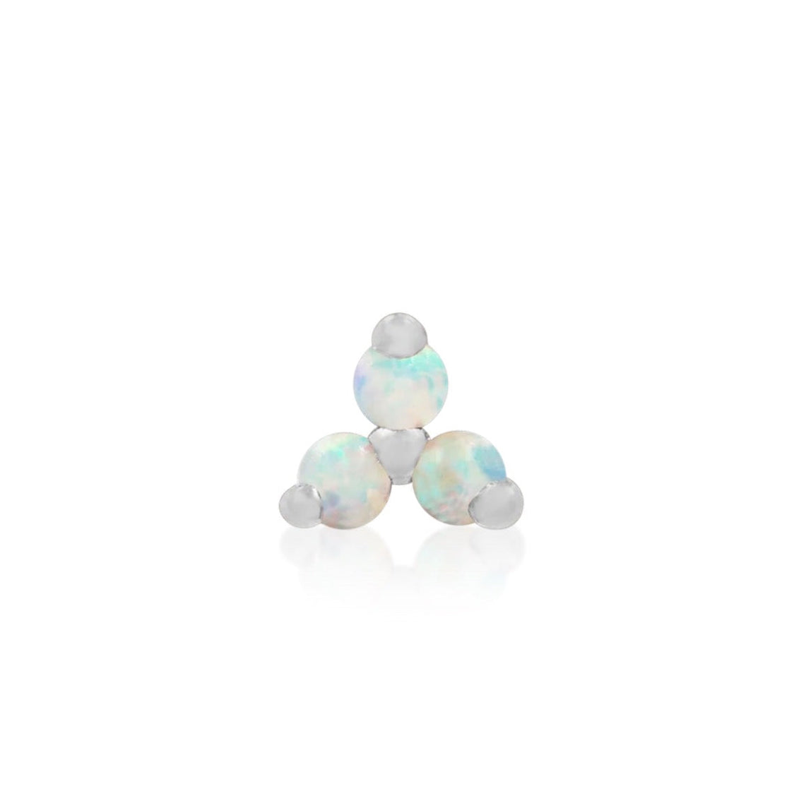 White gold trinity opal stud for a tragus piercing where anatomy allows.