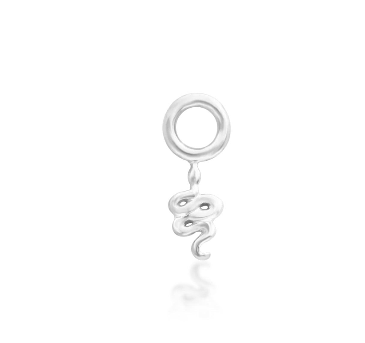 Solid 14k white gold snake charm with a moving ring for threadless ear piercing jewellery.