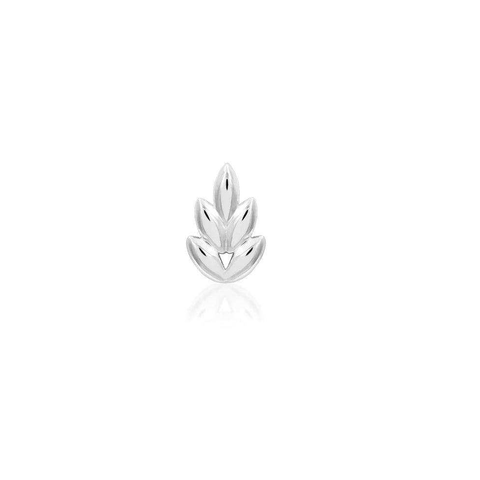 Small white gold leaf-shaped stud with a comfortable low-rise profile for a tragus piercing.