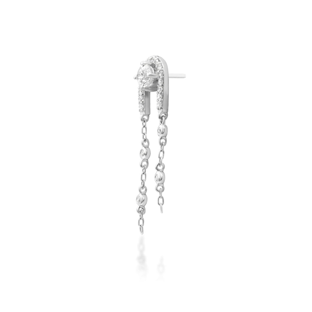 Statement cartilage dangle in white gold with layered chains and white CZ sparkle
