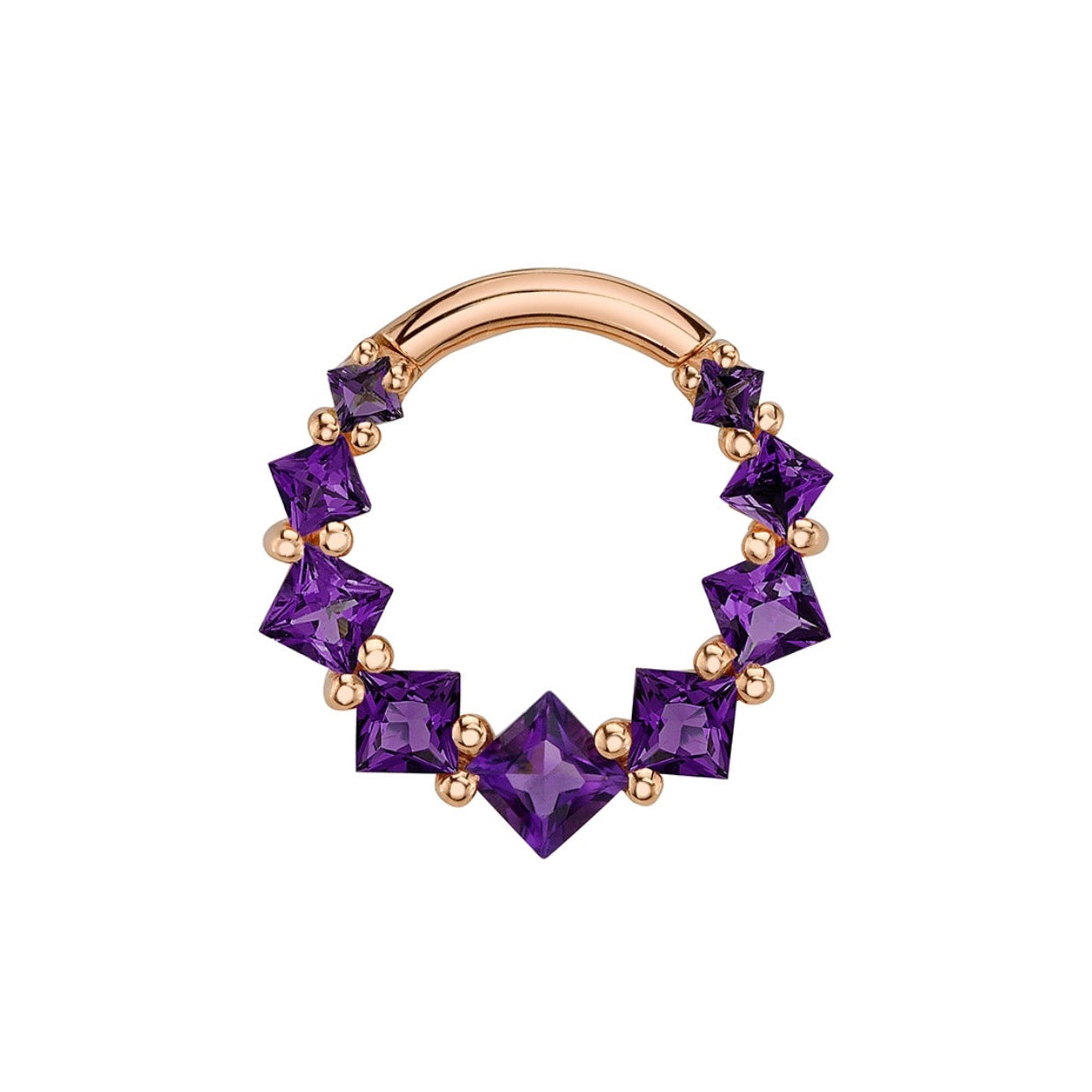 BVLA Graduating Tiffany rose gold septum ring with graduating princess-cut Amethyst gemstones