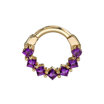 BVLA Tiffany yellow gold daith ring with a continuous row of 2mm princess-cut Amethyst gemstones