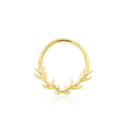 Antler septum ring in solid 14k yellow gold, featuring the symmetrical branching design of Junipurr Raven.