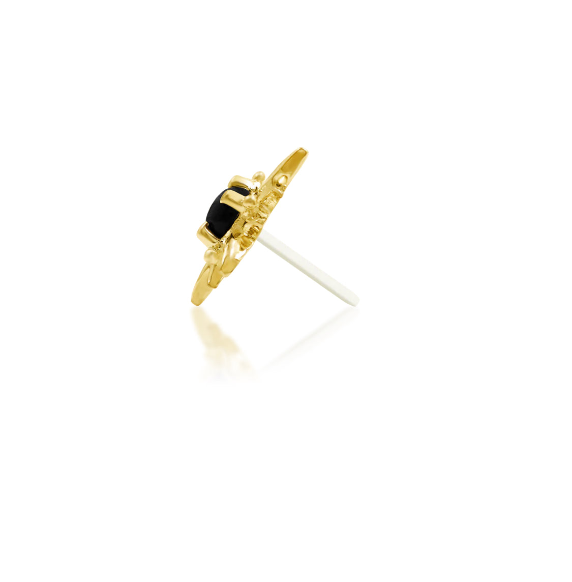 Side profile of Junipurr Astra showing its black onyx gemstone and sculpted yellow gold rays