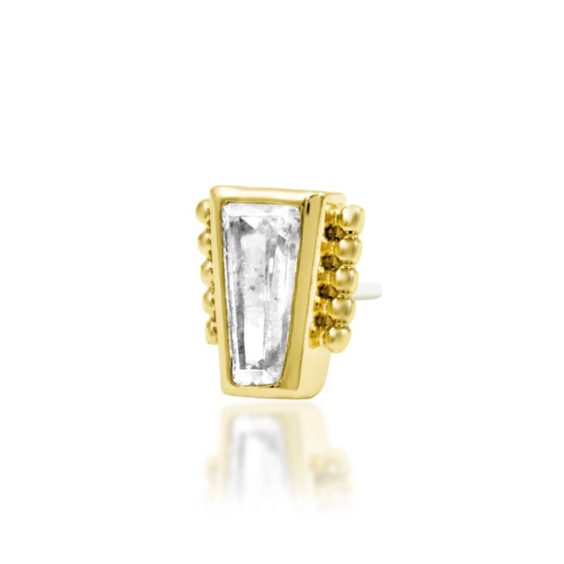 Baguette flat-back earring top in yellow gold, supplied as a threadless end for a compatible post.
