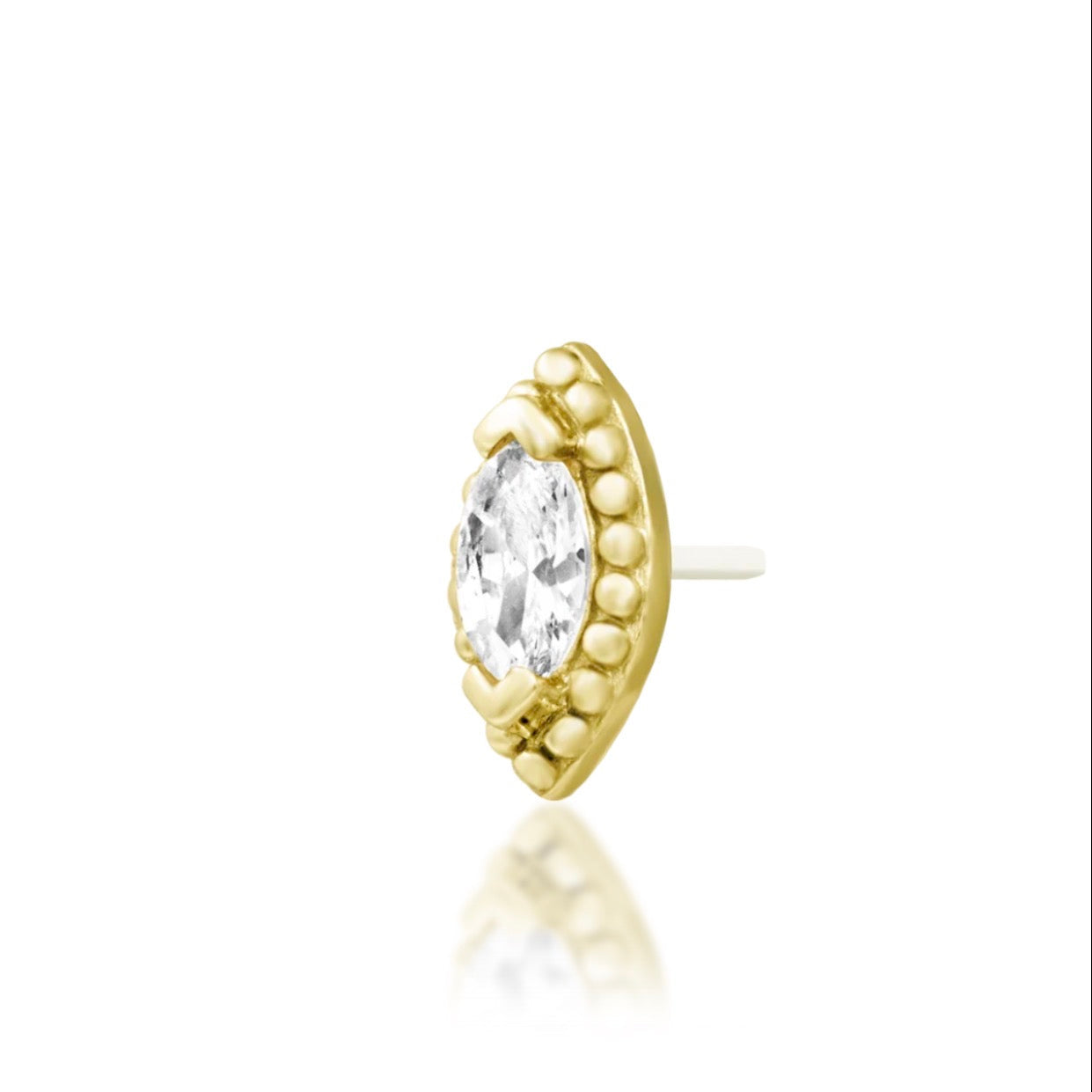 Yellow gold cartilage earring featuring a brilliant marquise White CZ embraced by delicate gold beads