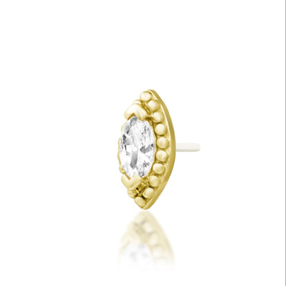 Yellow gold cartilage earring featuring a brilliant marquise White CZ embraced by delicate gold beads