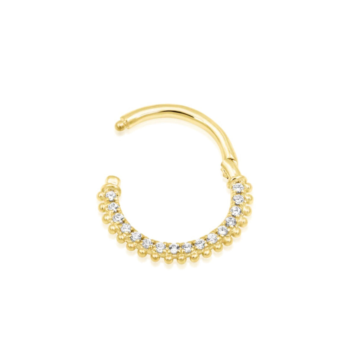 Beaded cubic zirconia clicker in yellow gold with clear stones bordered by delicate polished gold beads.