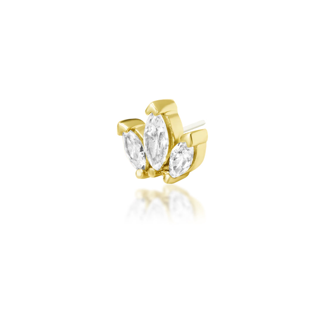 Yellow gold conch stud with a fan of marquise white cubic zirconia and intricate beadwork
