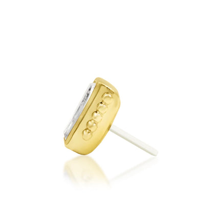 Beaded CZ earring end in 14k yellow gold, combining a rectangular gemstone with polished gold texture.
