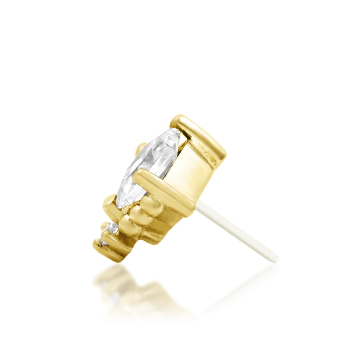 Solid yellow gold flat earring with a princess-cut cubic zirconia and softly textured beaded setting