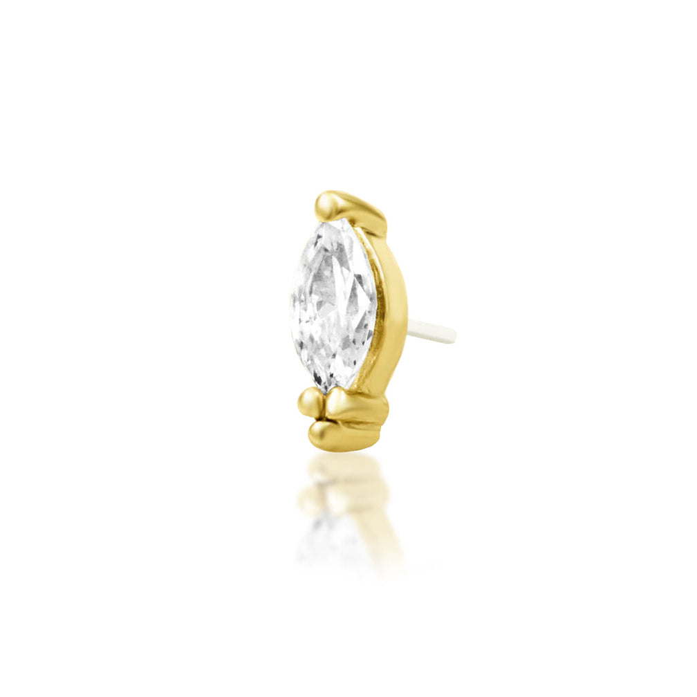 Beaded gemstone earring in yellow gold, with three rounded gold beads framing Verda’s clear marquise CZ.