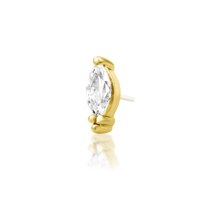 Beaded gemstone earring in yellow gold, with three rounded gold beads framing Verda’s clear marquise CZ.
