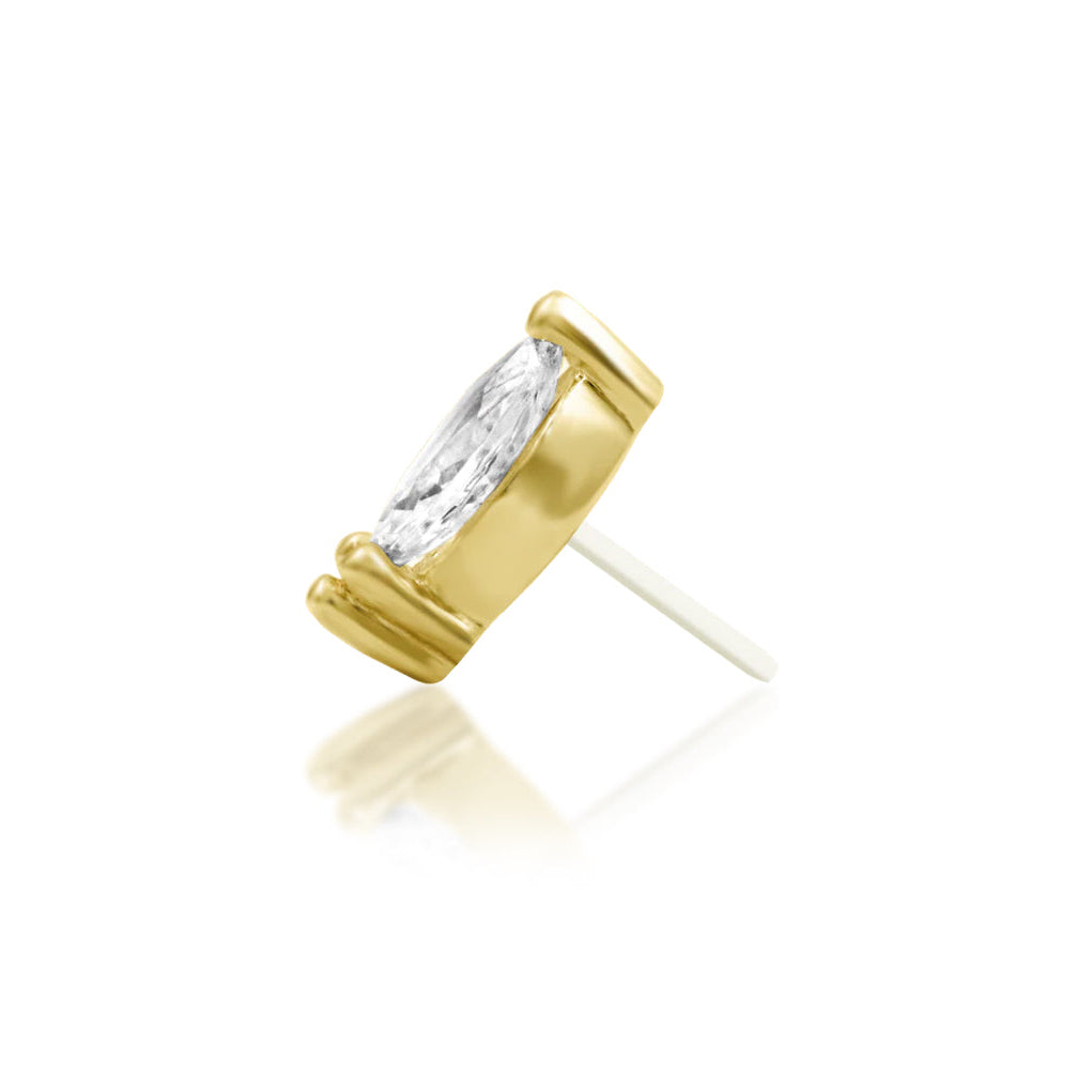 Yellow gold tragus earring with a marquise cubic zirconia and three polished bead accents
