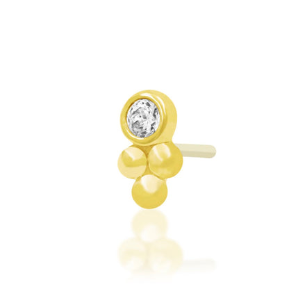 Yellow gold forward helix stud with a bezel-set white CZ and three polished beads