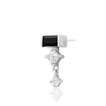     Solid white gold flat earring featuring a horizontal black baguette-cut cubic zirconia