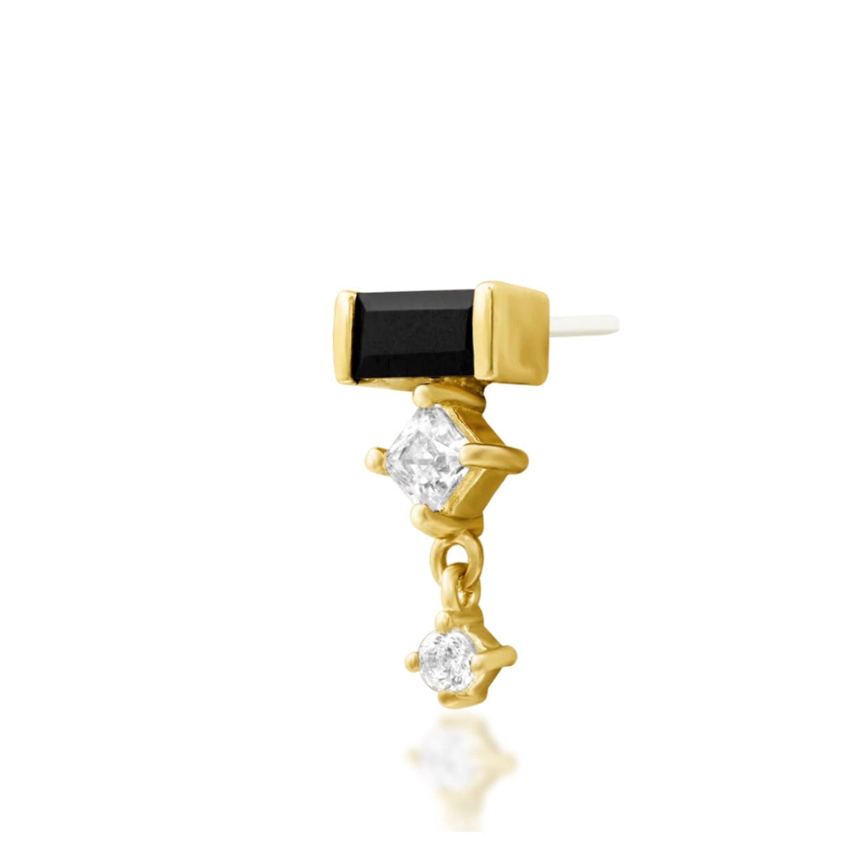     Yellow gold flat earring featuring a horizontal black baguette CZ and brilliant white stones