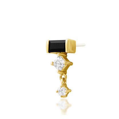     Yellow gold flat earring featuring a horizontal black baguette CZ and brilliant white stones